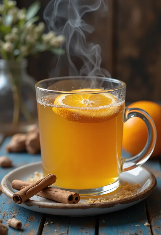 Ponche quente de cor dourada com rodelas de laranja e cravinho