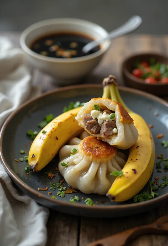Zongzi estufado, com recheio de carne fumada e decorado com coentros frescos