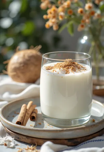 Kefir de coco e canela em copo, bebida de cor creme clara polvilhada com coco ralado e canela