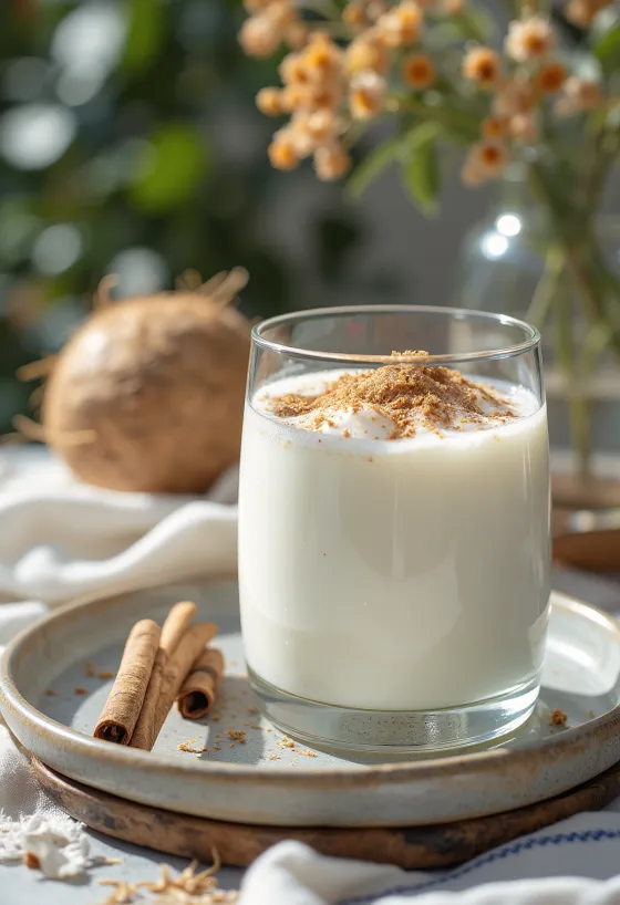 Kefir de coco e canela em copo, bebida de cor creme clara polvilhada com coco ralado e canela