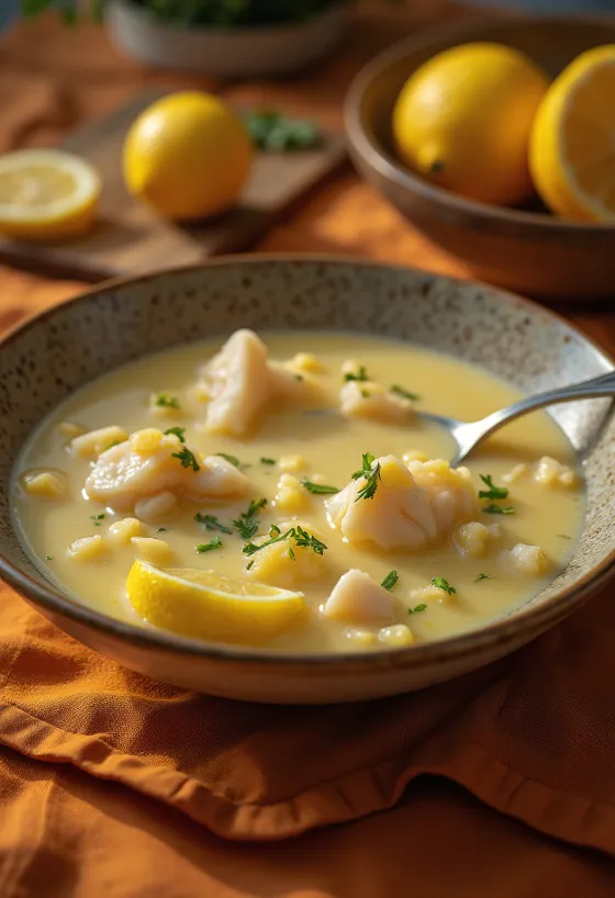 Psarosoupa com molho avgolemono, sopa rica de peixe servida com azeite fresco e sumo de limão
