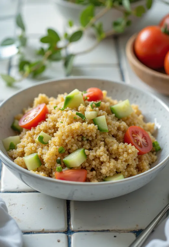 Salada de quinoa com molho tahini servida