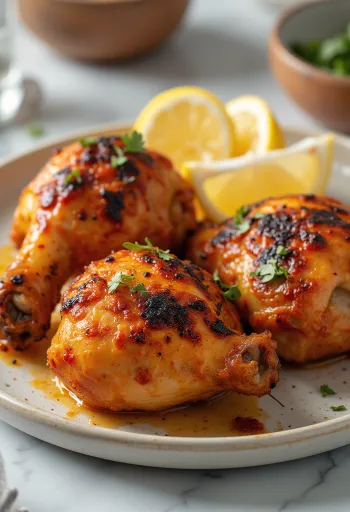 Frango Tandoori assado em marinada de iogurte, servido com ervas frescas