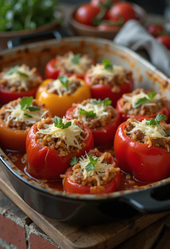 Pimentos recheados com carne de vaca picada servidos