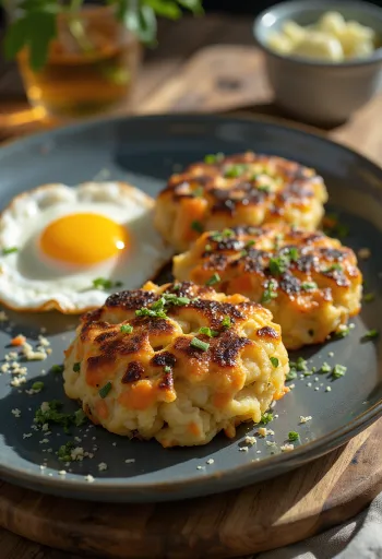 Bubble and squeak com cenoura, torrado e servido com salsa fresca