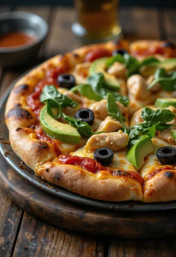 Pizza Califórnia com abacate fresco, peito de frango e espinafres