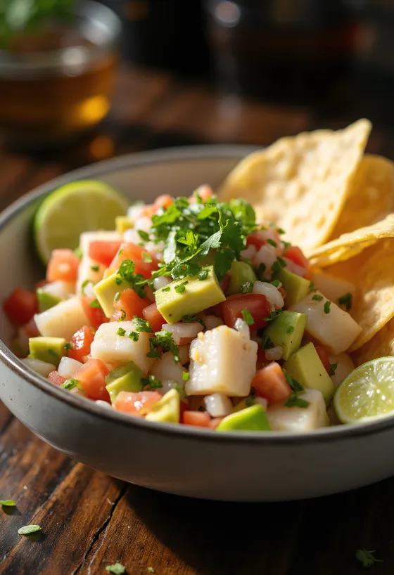 Ceviche Mexicano, servido fresco com tortilhas chips