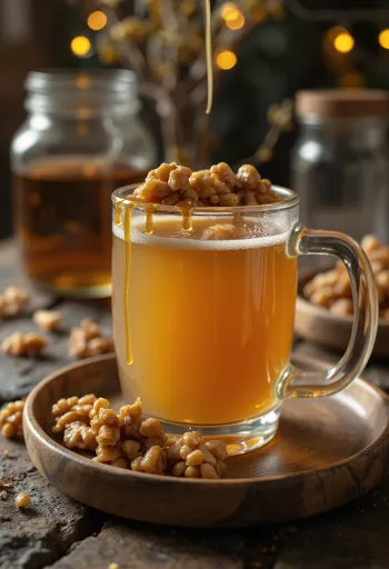 Cidra de noz e caramelo servida em copo