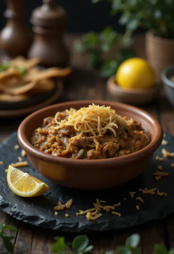 Tigela de Haleem, um estufado espesso e castanho, decorado com gengibre, limão e coentros