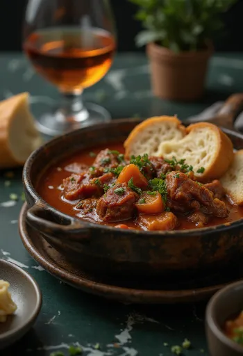Estufado de carne com cubos de carne suculentos, servido em molho de colorau