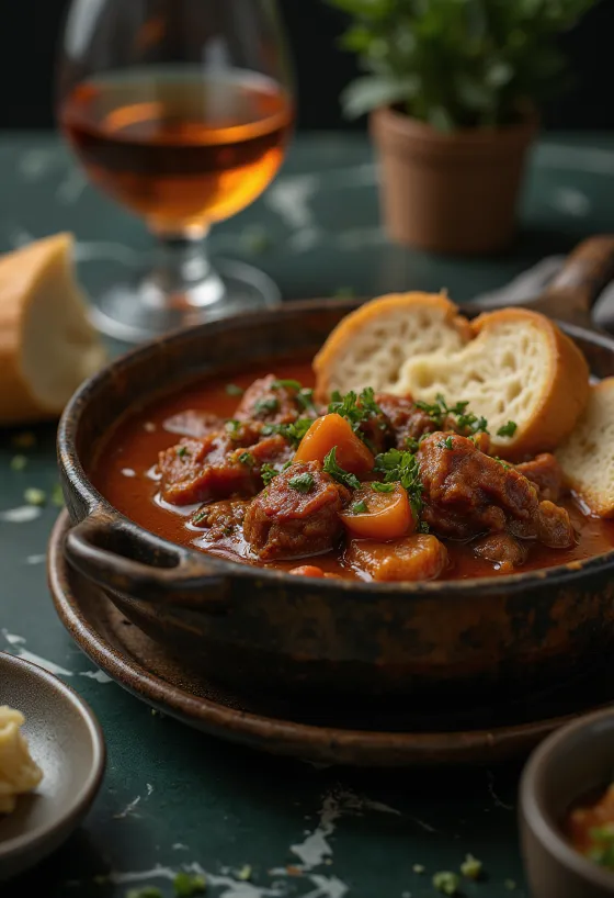 Estufado de carne com cubos de carne suculentos, servido em molho de colorau