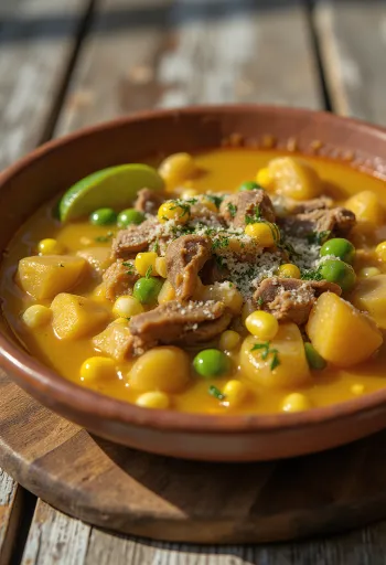 Mondongo com legumes, sopa rica de carne e vegetais.