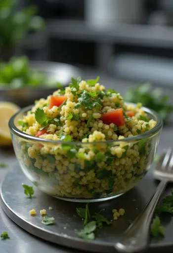 Tabbouleh de quinoa servido com ervas frescas