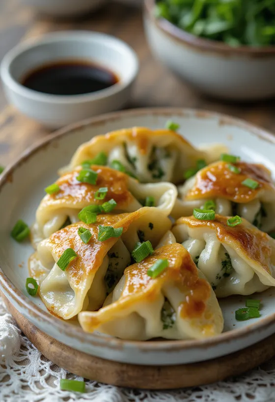 Spinach Gyoza servido com recheio de espinafres e molho de soja