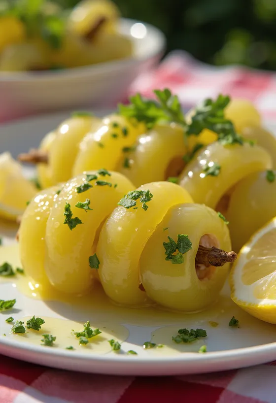 Folhas de videira recheadas com carne de borrego, prato mediterrânico servido com iogurte e limão