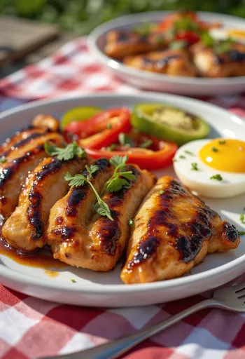 Peito de frango BBQ com legumes grelhados servido