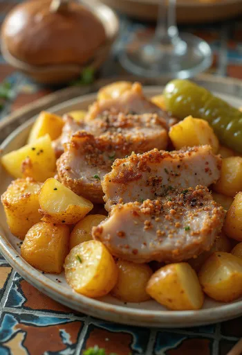 Picadinho à Brassó acabado de fazer com cubos de batata e especiarias.