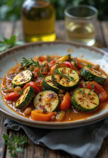 Caponata com legumes grelhados, servida com azeitonas e molho de tomate