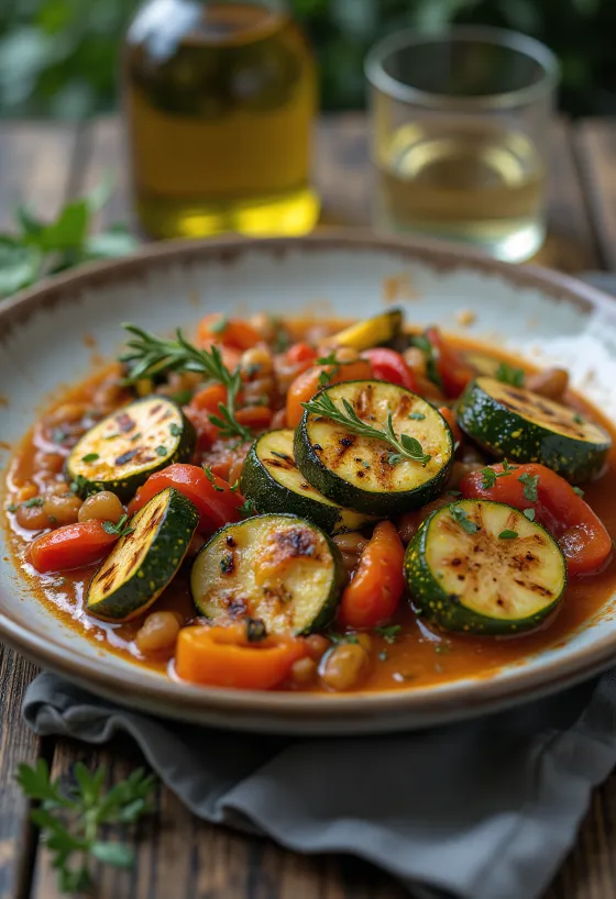 Caponata com legumes grelhados, servida com azeitonas e molho de tomate