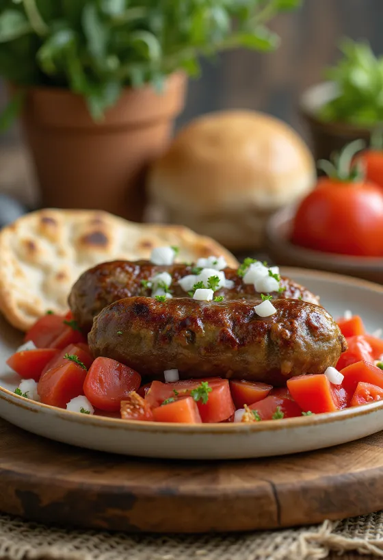 Cevapi com tomate servido com pão pita