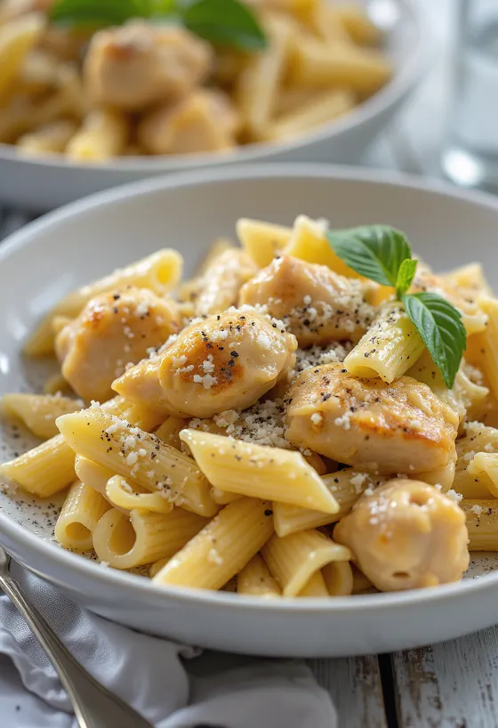 Massa com frango com molho cremoso e polvilhada com ervas frescas