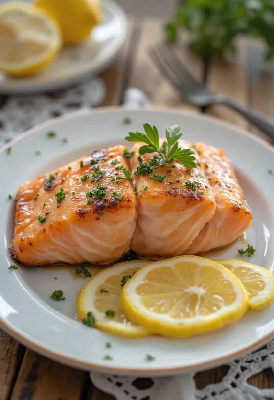 Bife de salmão grelhado servido com limão e endro