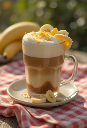 Copo alto com camadas de puré de fruta, café e espuma de leite