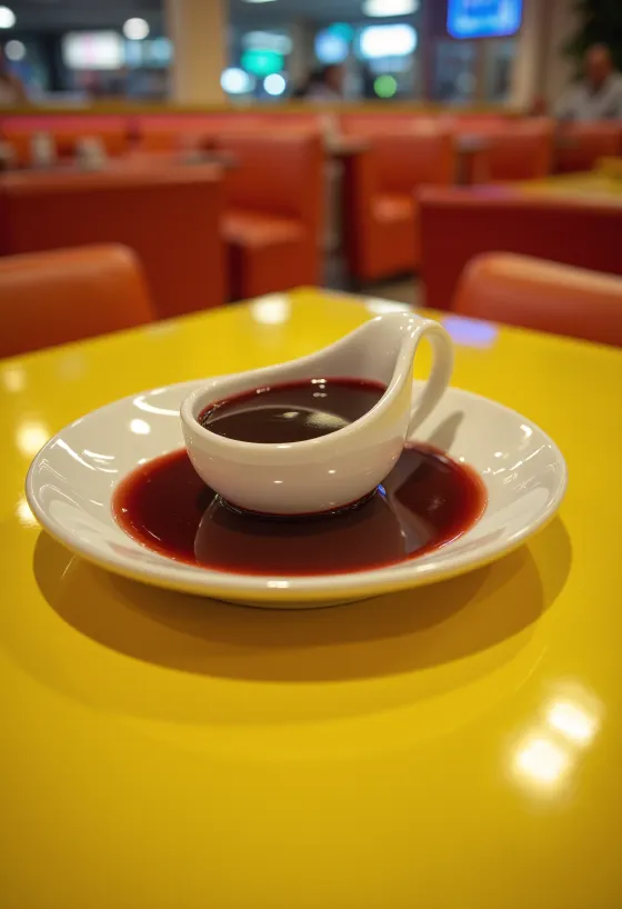 Molho de vinho tinto com laranja numa tigela, decorado com alecrim fresco e casca de laranja.