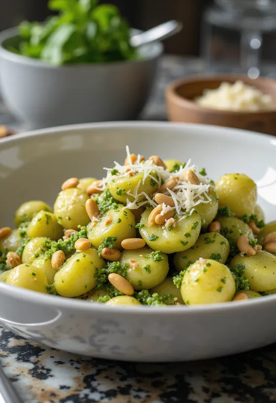 Gnocchi com pesto servido