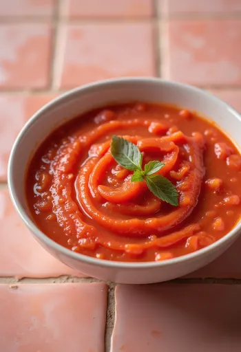 Molho de tomate com pimento vermelho e espesso numa taça
