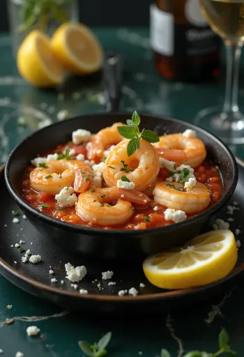 Saganaki com camarão, servido com molho de tomate e vinho branco, e queijo feta