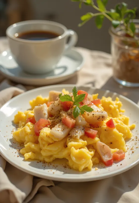 Saltfish com ovos mexidos, peixe suculento com ovos servido com legumes