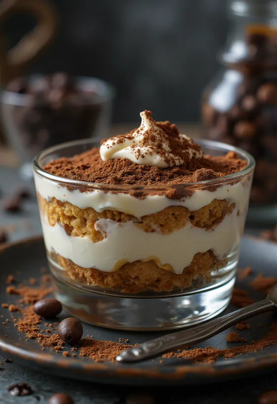 Tiramisu clássico, com camadas de palitos de champanhe e polvilhado com cacau em pó