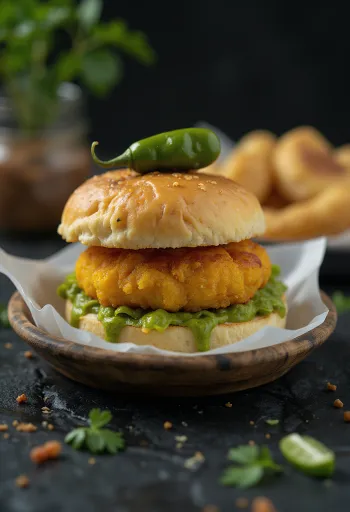 Vada Pav recheado com carne servido
