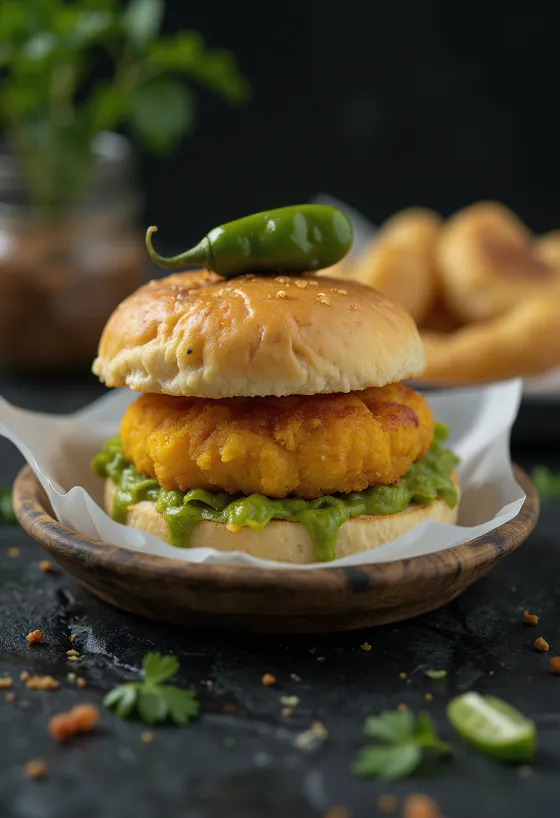 Vada Pav recheado com carne servido