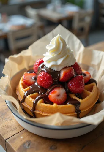 Gofres de feira com molho de chocolate e chantilly