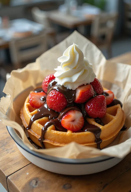 Gofres de feira com molho de chocolate e chantilly