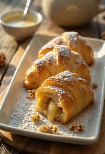 Strudel de maçã crocante recheado com maçã fresca, polvilhado com açúcar em pó
