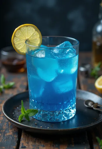 Cocktail Blue Lagoon decorado com fatia de limão em copo alto
