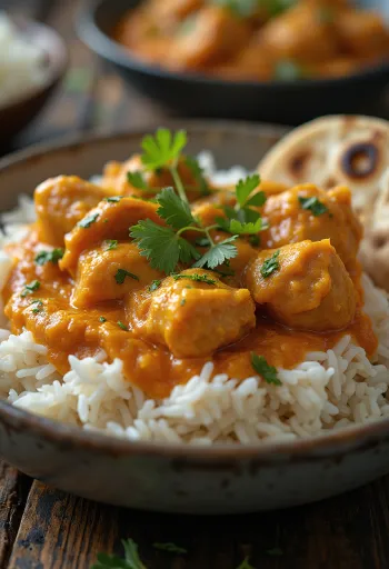 Frango tikka masala rico e cremoso servido com arroz basmati