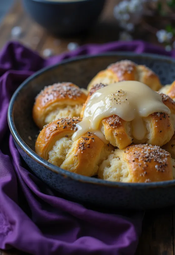 Mákos guba polvilhado com açúcar em pó, servido com creme de baunilha