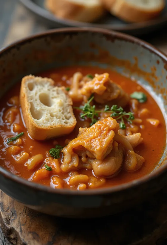 Estufado de dobrada com molho picante e suculento, servido com pão fresco