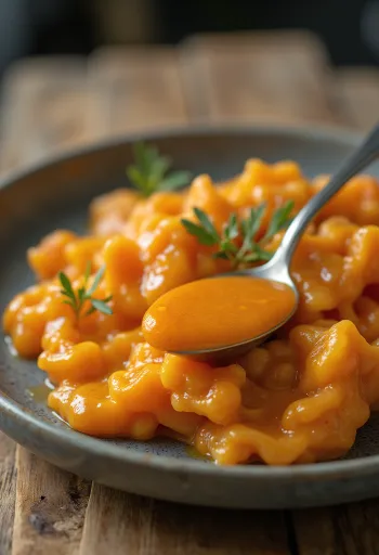 Molho de manteiga com colorau vermelho a cobrir carne