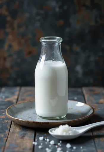 Kefir de coco probiótico em garrafa, bebida branca cremosa servida