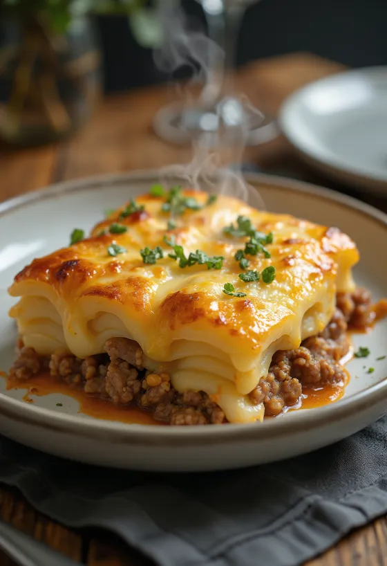 Batatas gratinadas com carne picada servidas