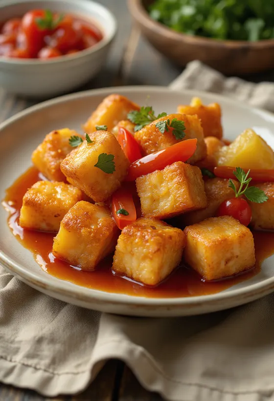 Tofu frito estaladiço com molho agridoce servido