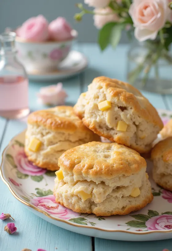 Scone de água de rosas e maçapão servido