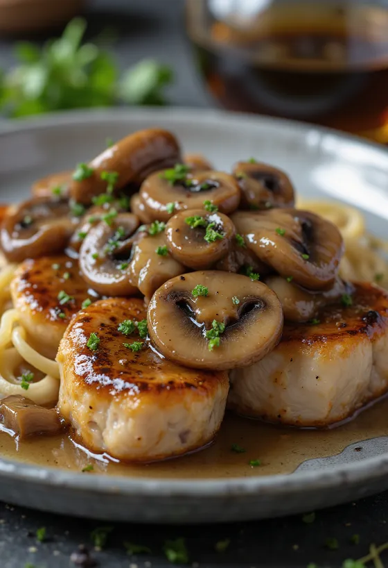 Escalopes de vitela ao Marsala servidos com cogumelos e salsa fresca