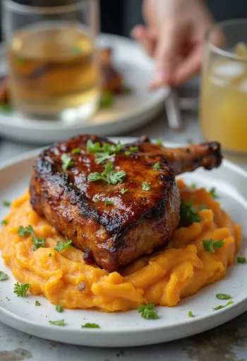 Cachaço de porco BBQ com puré de batata-doce servido com salsa fresca