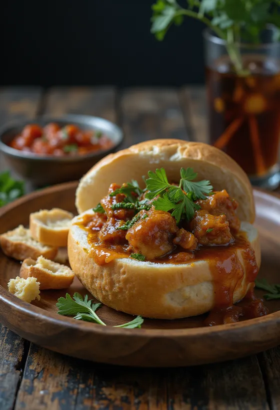 Bunny Chow servido com molho picante